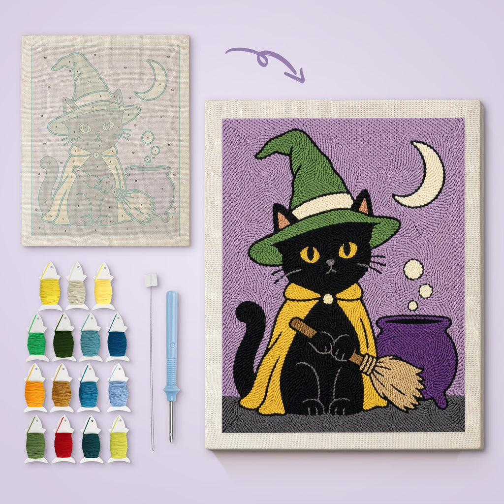 Green Hat Cauldron Cat canvas before and after punching, with the threads and tools