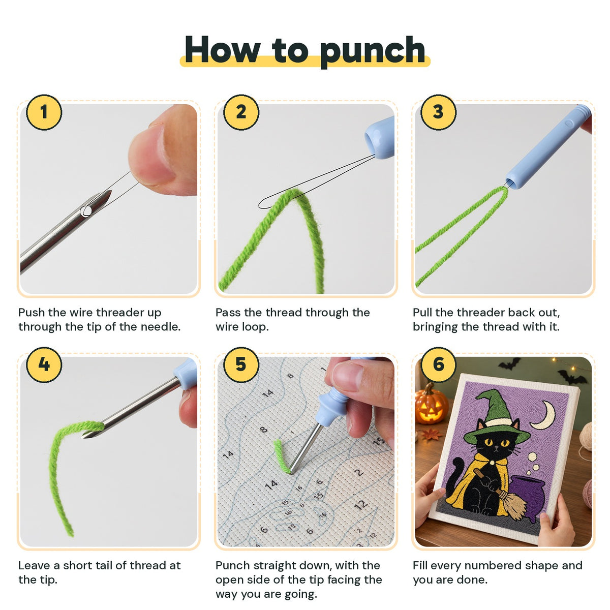 Six steps showing how to thread and use the punch needle