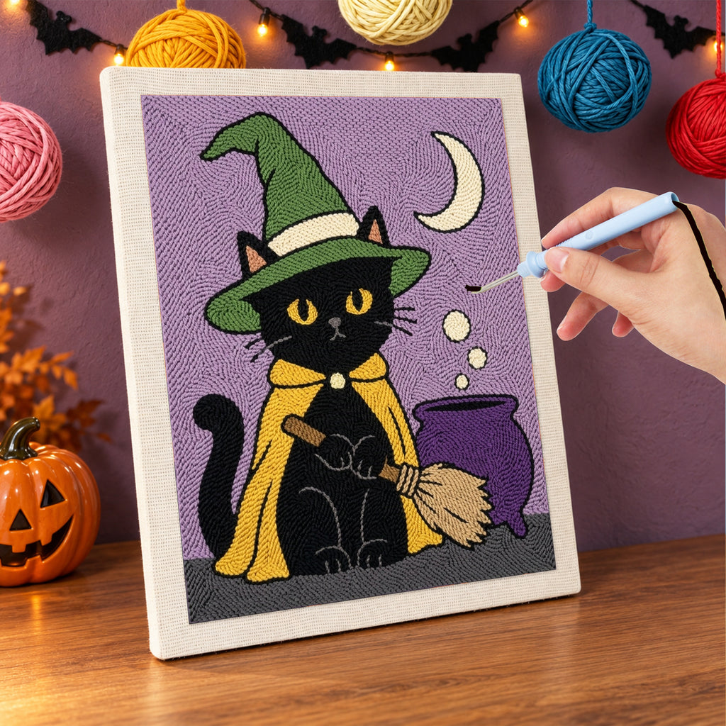 Punching the Green Hat Cauldron Cat design with the punch needle