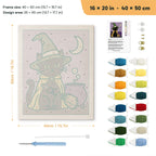 Green Hat Cauldron Cat punch needle kit, 16 × 20 in (40 × 50 cm): canvas size and kit contents