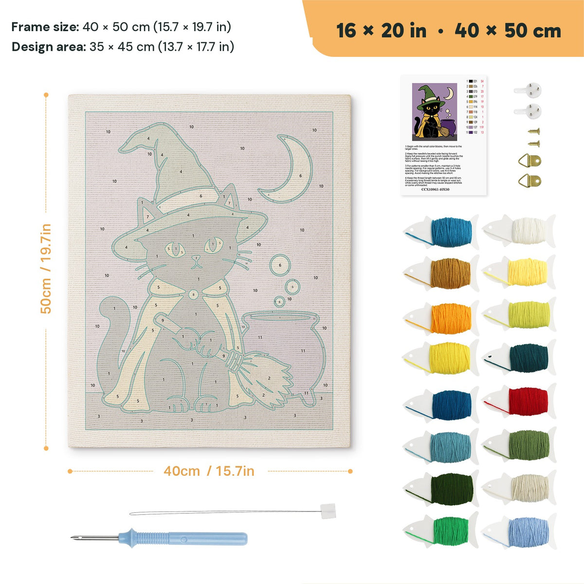 Green Hat Cauldron Cat punch needle kit, 16 × 20 in (40 × 50 cm): canvas size and kit contents