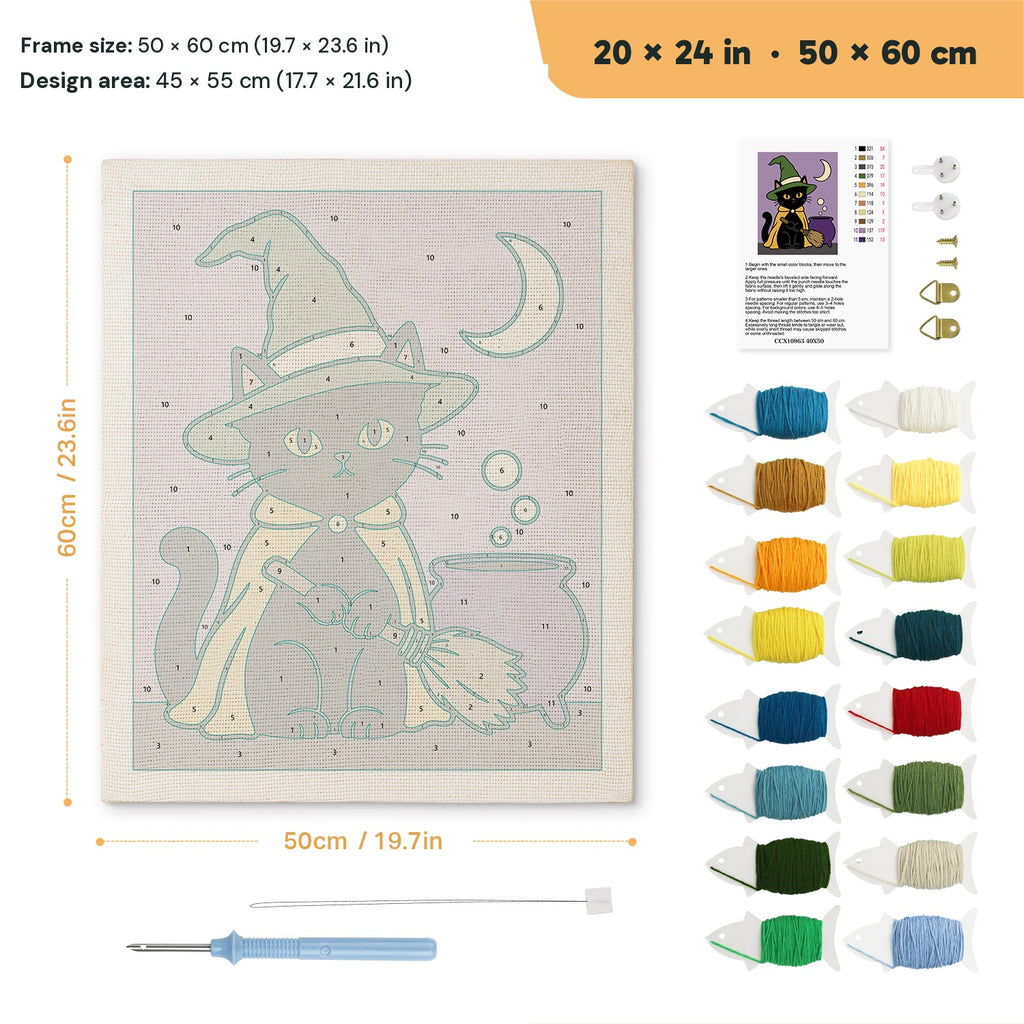Green Hat Cauldron Cat punch needle kit, 20 × 24 in (50 × 60 cm): canvas size and kit contents