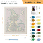 Green Hat Cauldron Cat punch needle kit, 20 × 24 in (50 × 60 cm): canvas size and kit contents