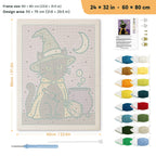Green Hat Cauldron Cat punch needle kit, 24 × 32 in (60 × 80 cm): canvas size and kit contents