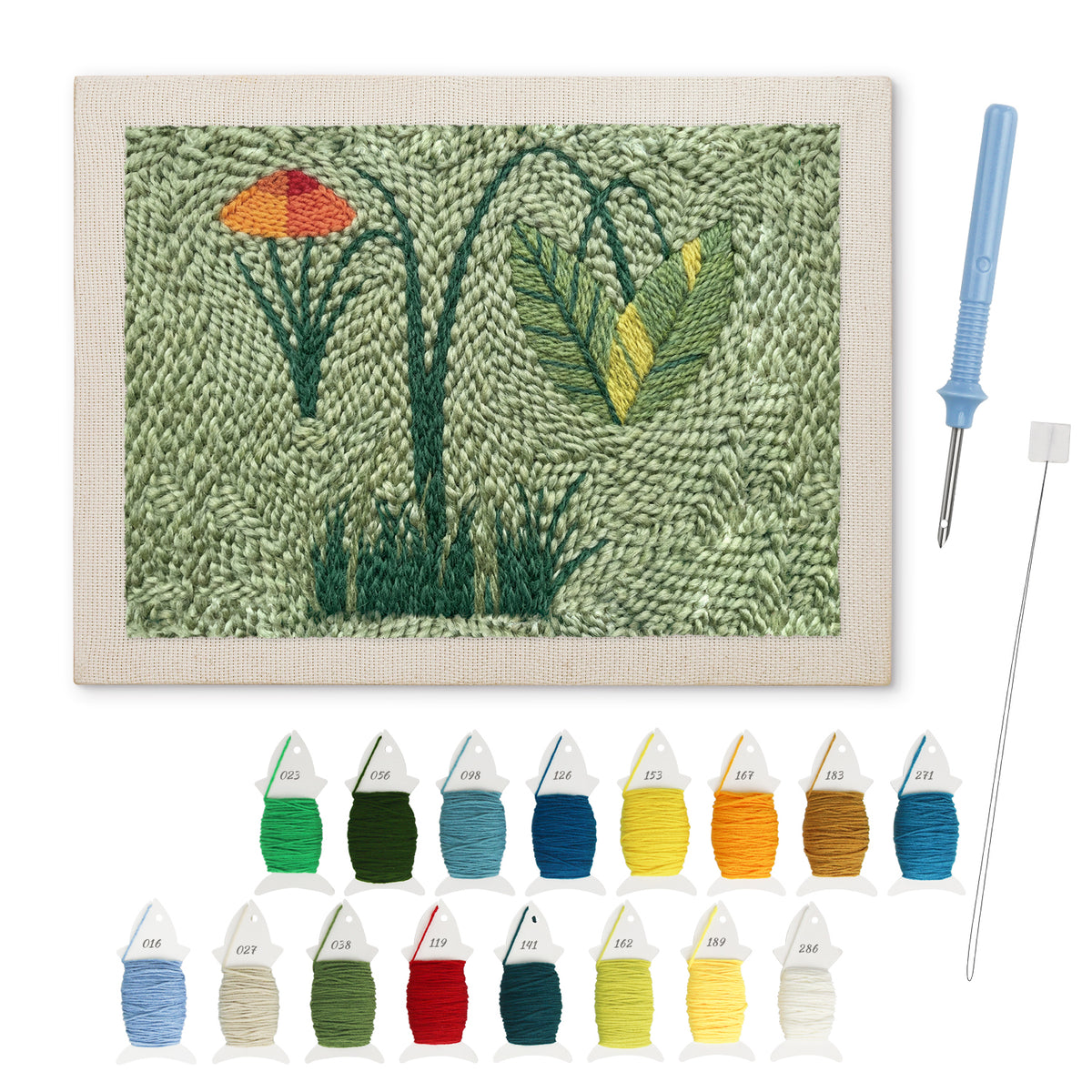 Green Meadow punch needle kit: finished canvas with threads, punch needle and threader