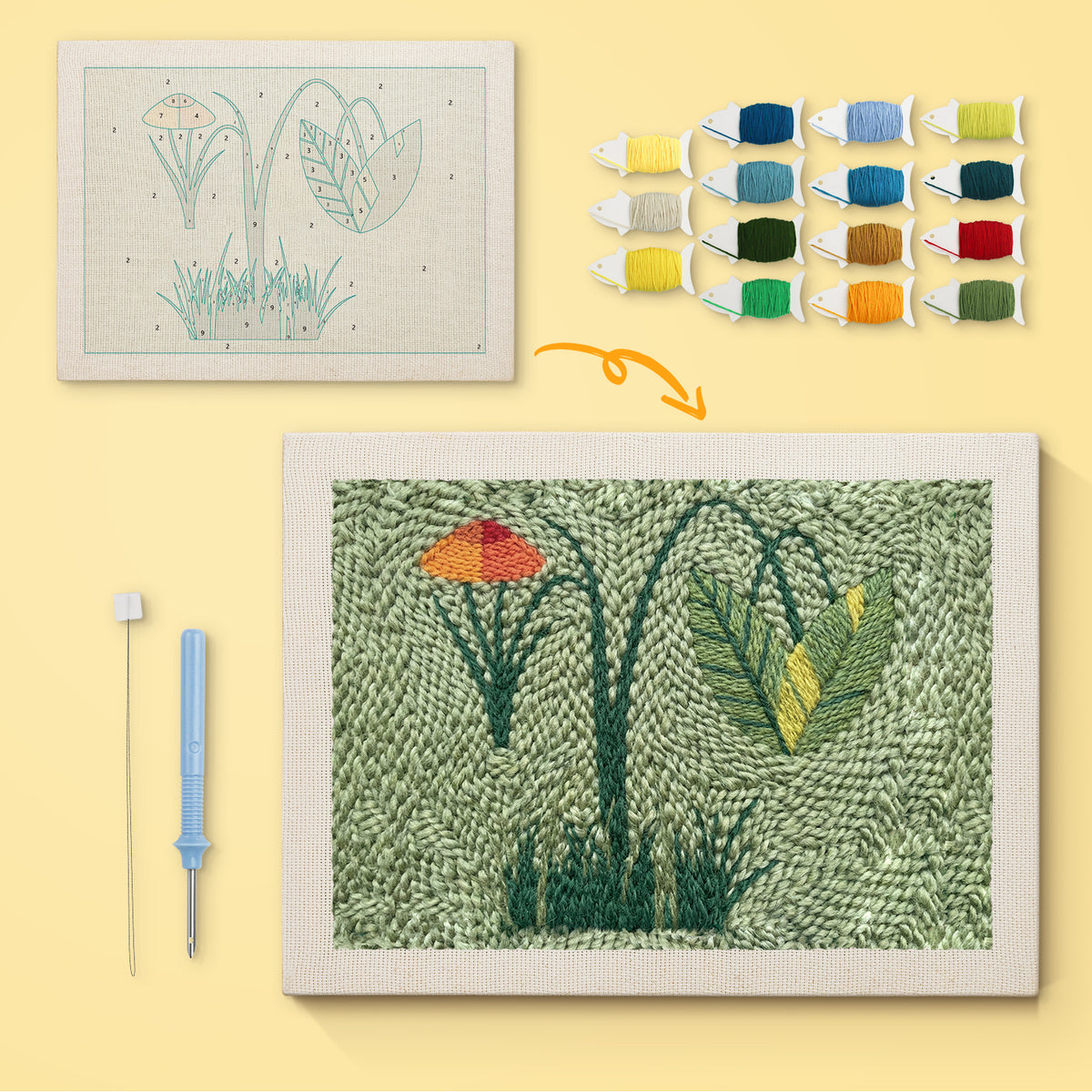 Green Meadow canvas before and after punching, with the threads and tools