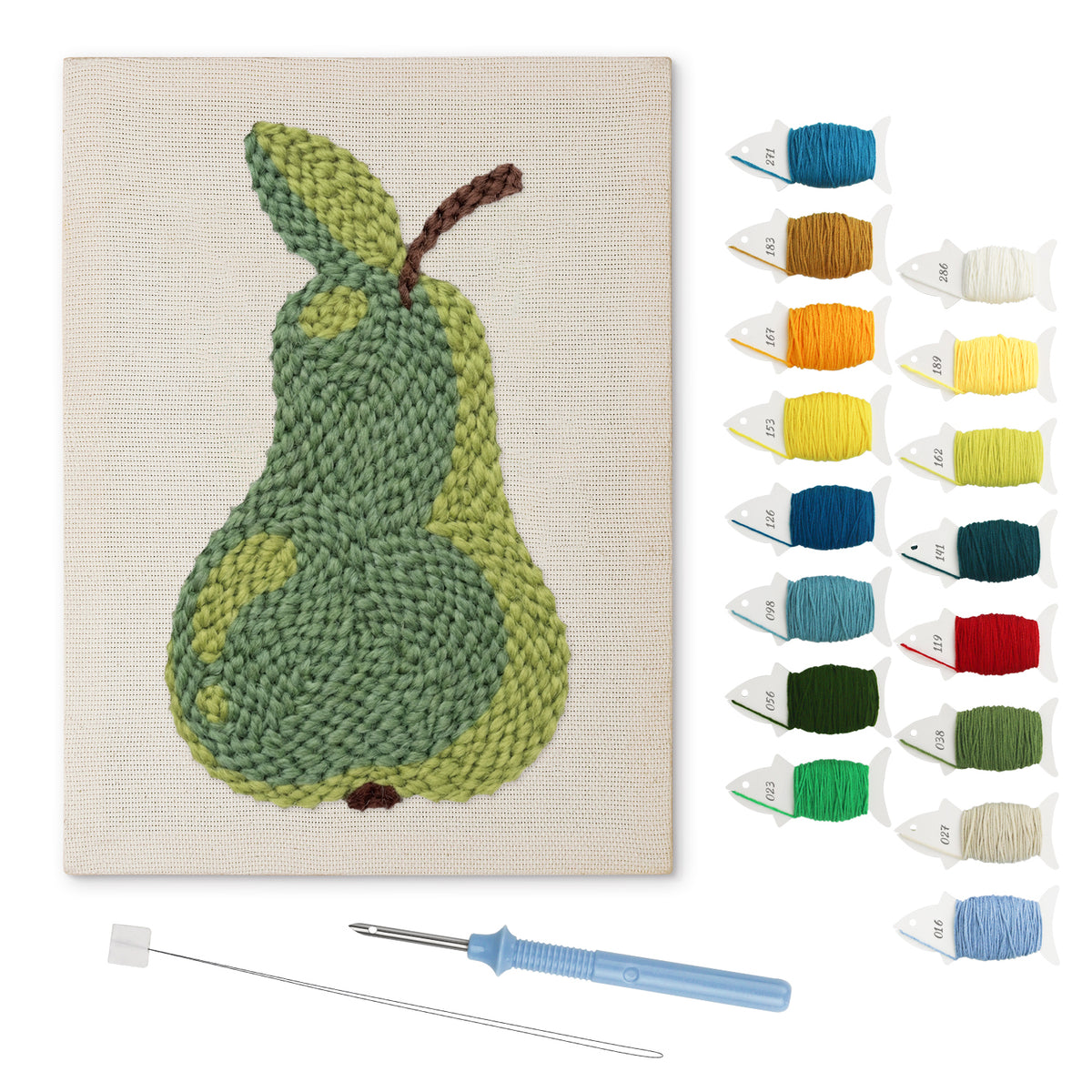 Green Pear punch needle kit: finished canvas with threads, punch needle and threader