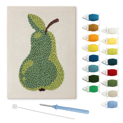 Green Pear punch needle kit: finished canvas with threads, punch needle and threader