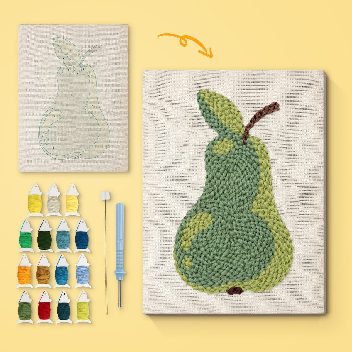 Green Pear canvas before and after punching, with the threads and tools