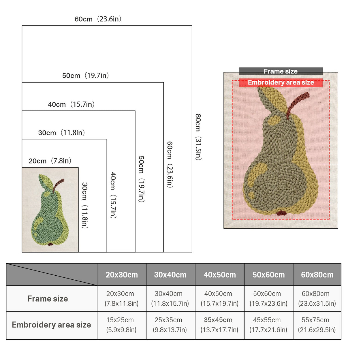 Size chart for punch needle kits from 20 x 30 cm to 60 x 80 cm