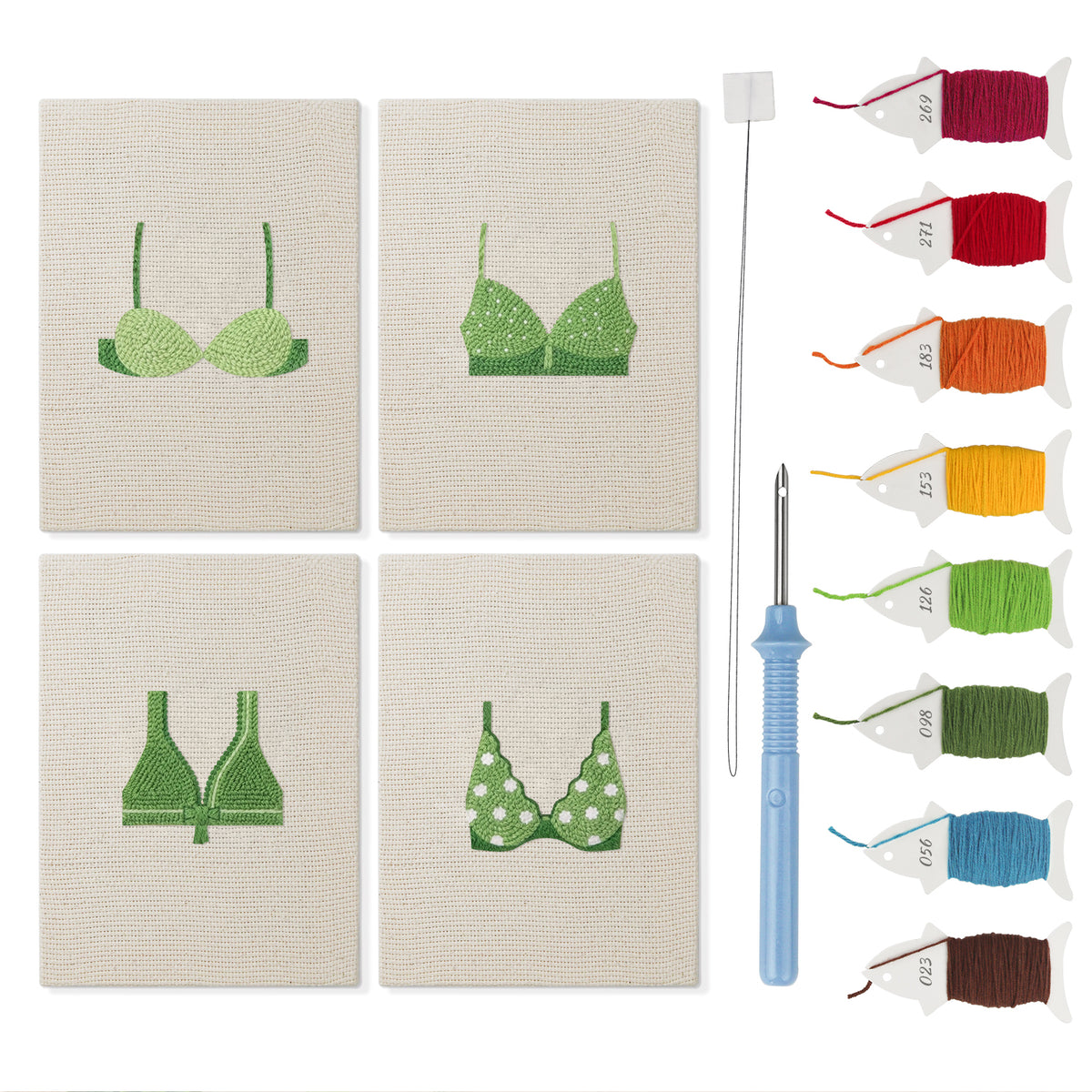 Green Polka Tops mini punch needle kit set: four finished canvases with threads, punch needle and threader