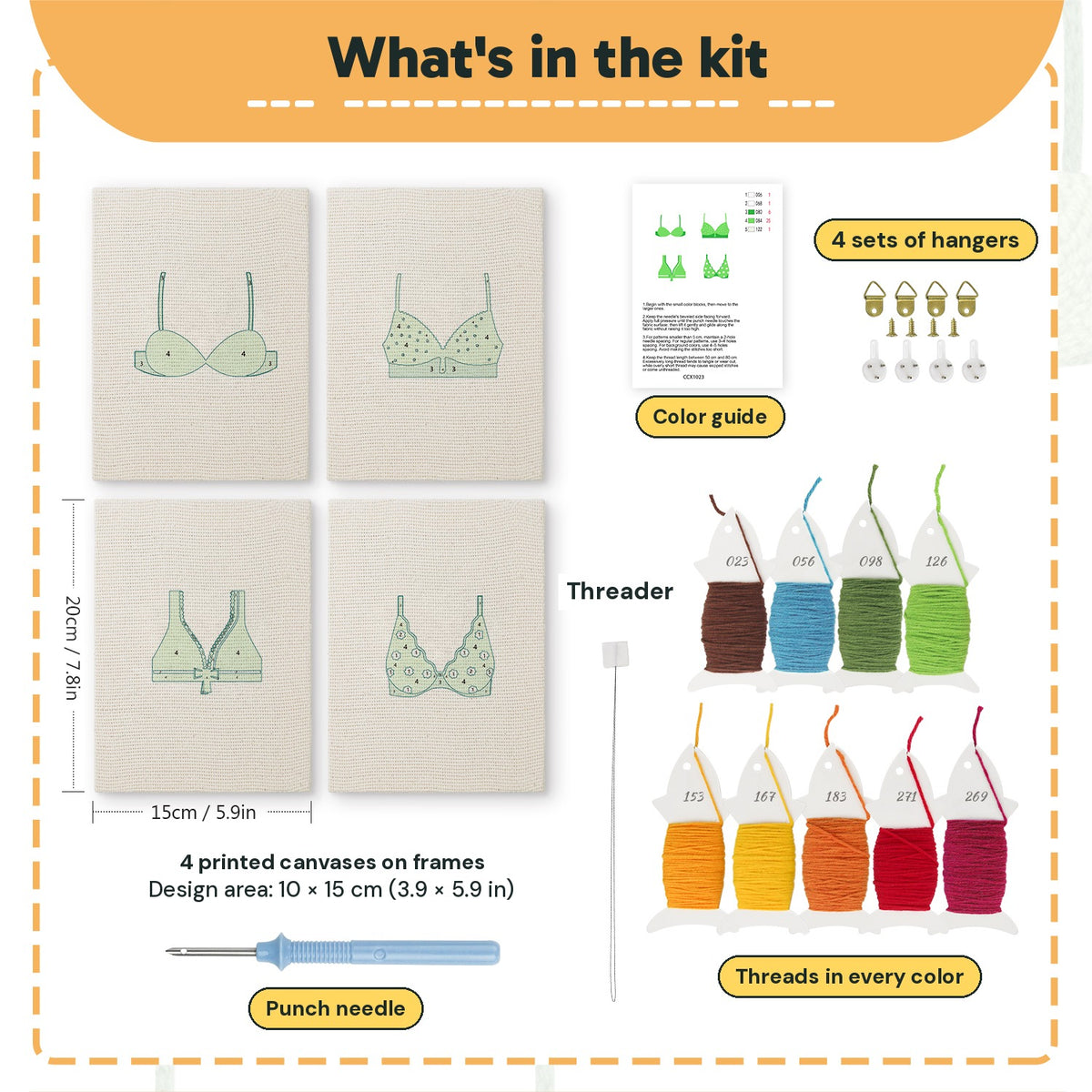 What is in the Green Polka Tops set: 4 printed canvases, punch needle, threader, threads, color guide and 4 sets of hangers (6 × 8 in (15 × 20 cm) each)