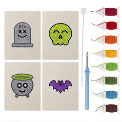 Green Skull Cauldron mini punch needle kit set: four finished canvases with threads, punch needle and threader