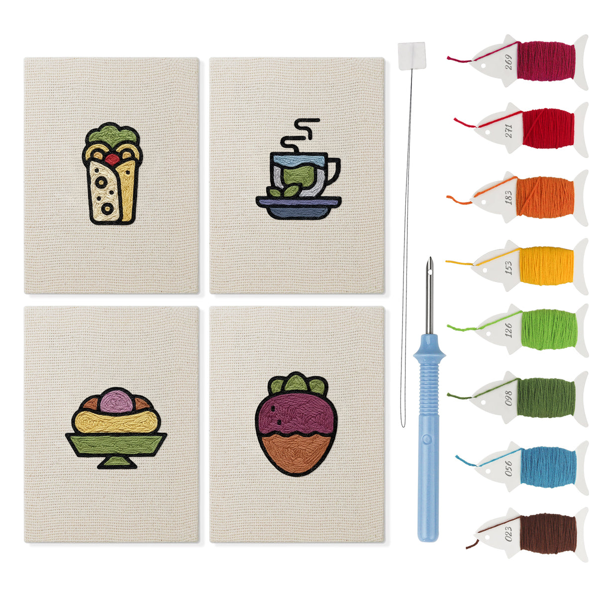Green Tea Wrap mini punch needle kit set: four finished canvases with threads, punch needle and threader