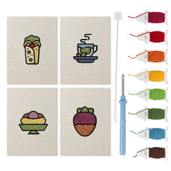 Green Tea Wrap mini punch needle kit set: four finished canvases with threads, punch needle and threader