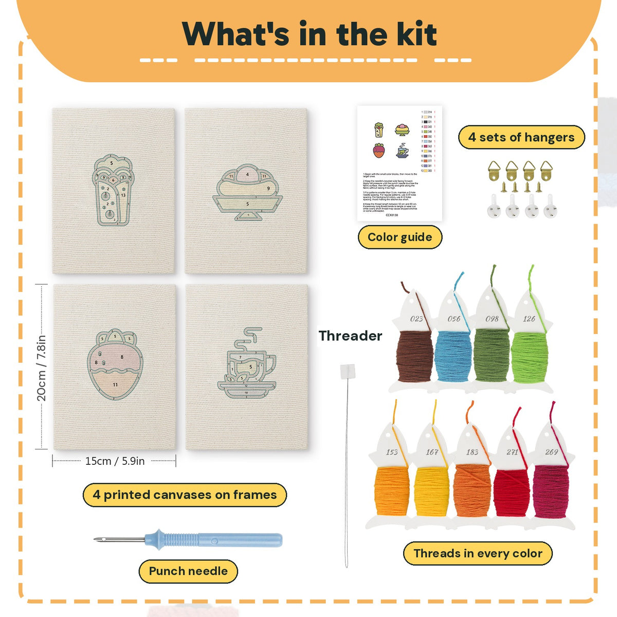 What is in the Green Tea Wrap set: 4 printed canvases, punch needle, threader, threads, color guide and 4 sets of hangers (6 × 8 in (15 × 20 cm) each)