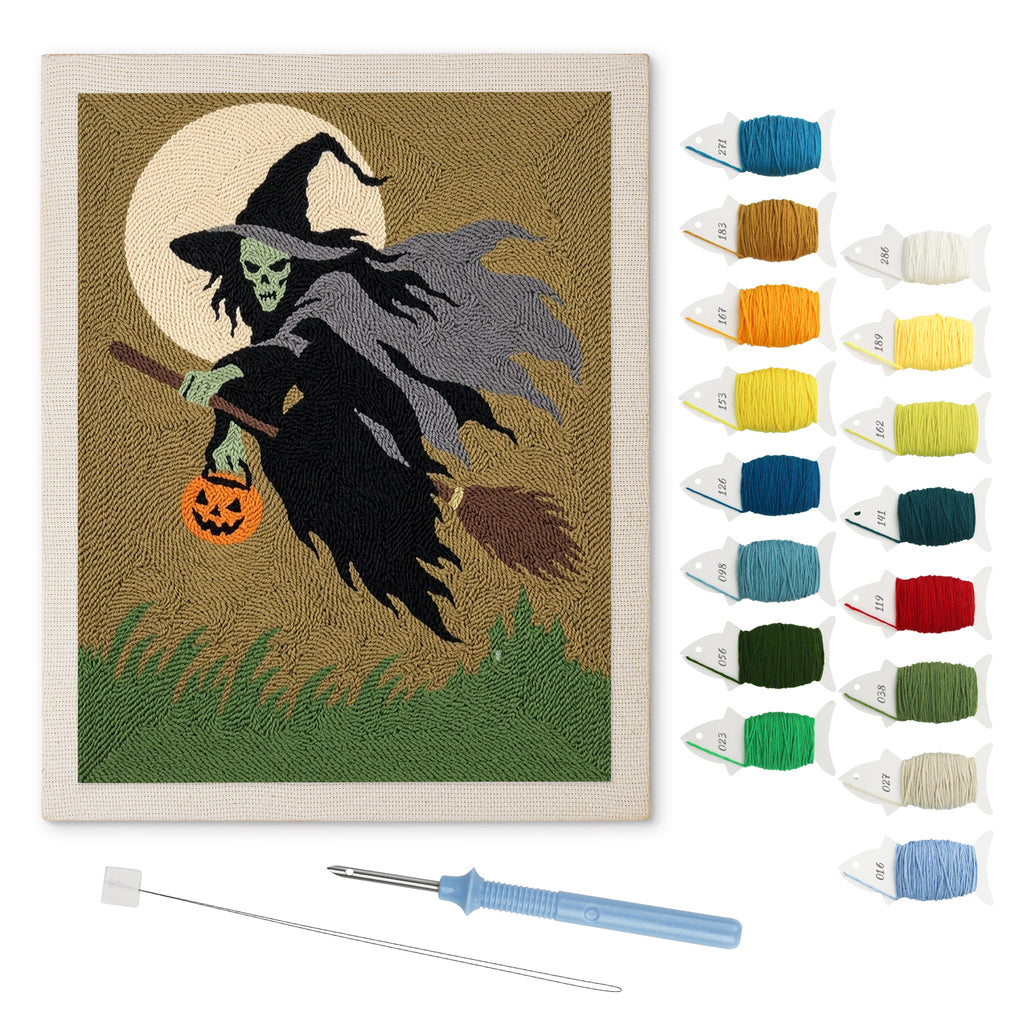 Green Witch in Flight punch needle kit: finished canvas with threads, punch needle and threader
