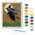 Green Witch in Flight punch needle kit: finished canvas with threads, punch needle and threader
