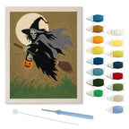 Green Witch in Flight punch needle kit: finished canvas with threads, punch needle and threader