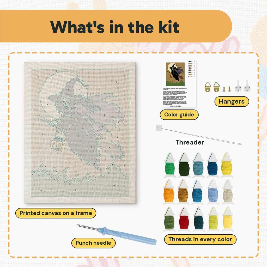What is in the Green Witch in Flight kit: printed canvas, punch needle, threader, threads, color guide and hangers