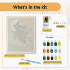What is in the Green Witch in Flight kit: printed canvas, punch needle, threader, threads, color guide and hangers