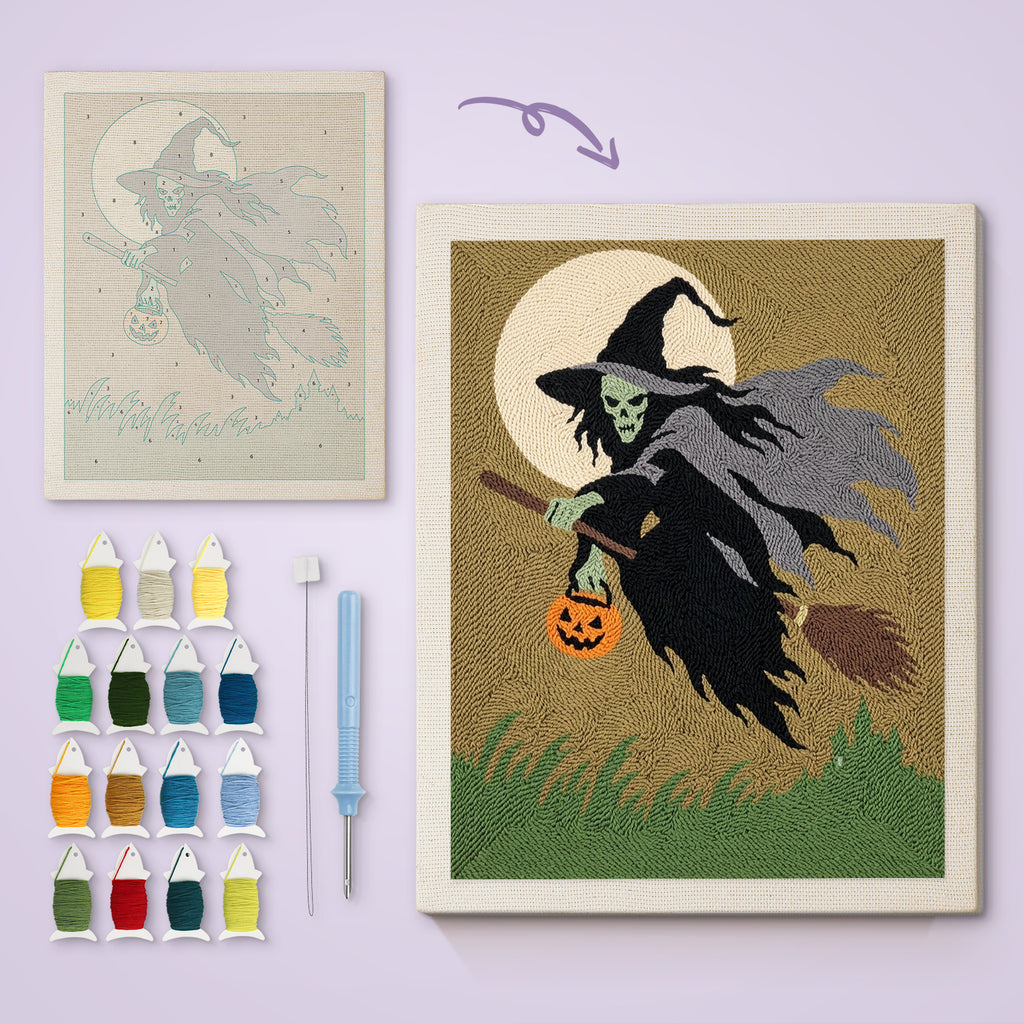 Green Witch in Flight canvas before and after punching, with the threads and tools