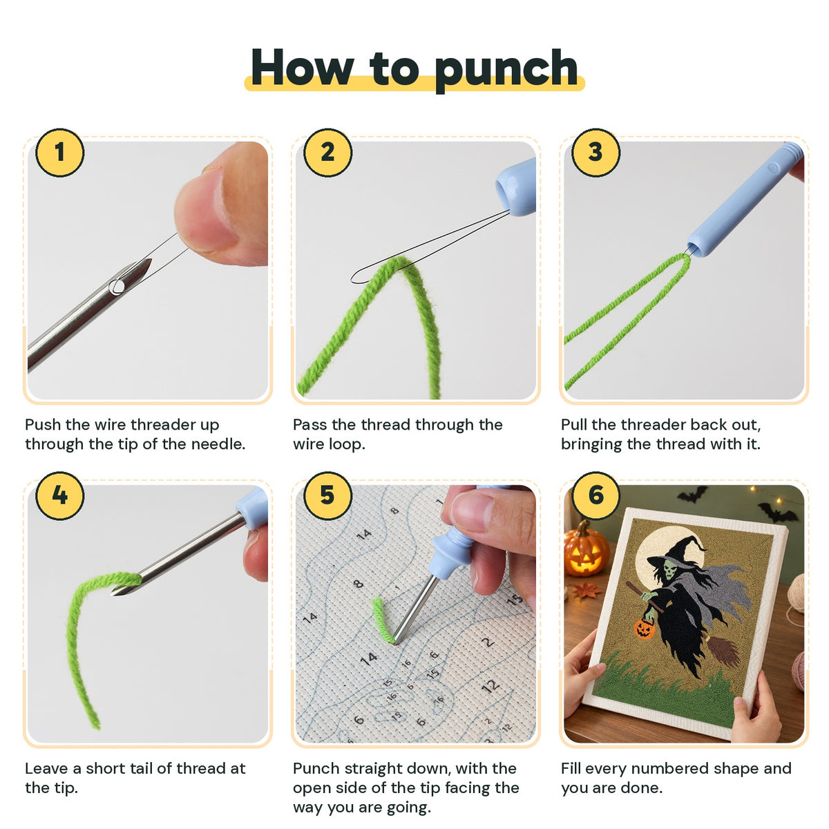 Six steps showing how to thread and use the punch needle