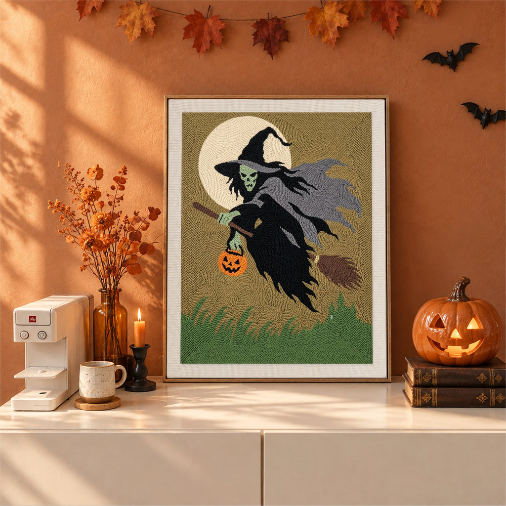 Finished Green Witch in Flight punch needle canvas on a wall