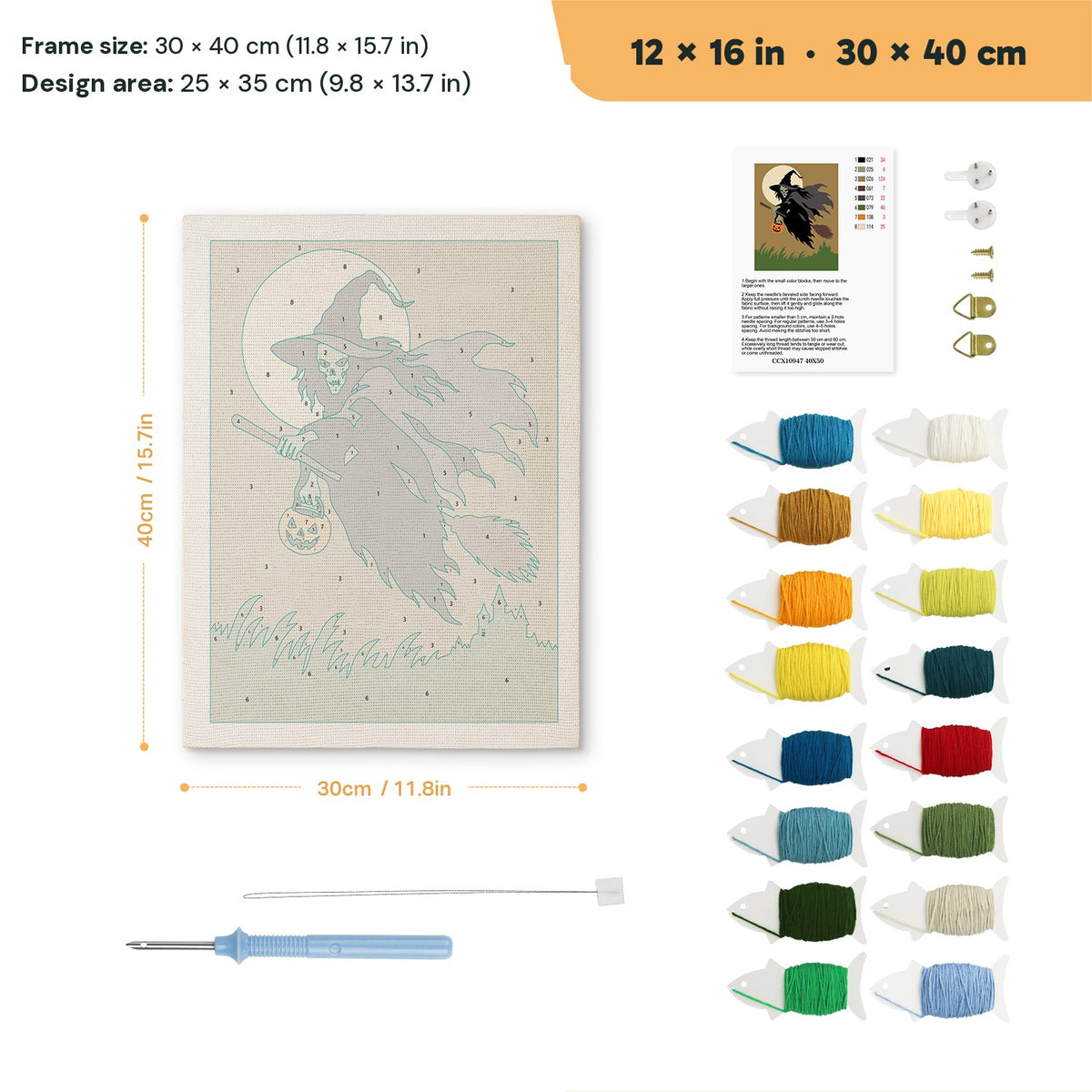 Green Witch in Flight punch needle kit, 12 × 16 in (30 × 40 cm): canvas size and kit contents