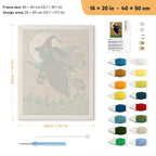 Green Witch in Flight punch needle kit, 16 × 20 in (40 × 50 cm): canvas size and kit contents