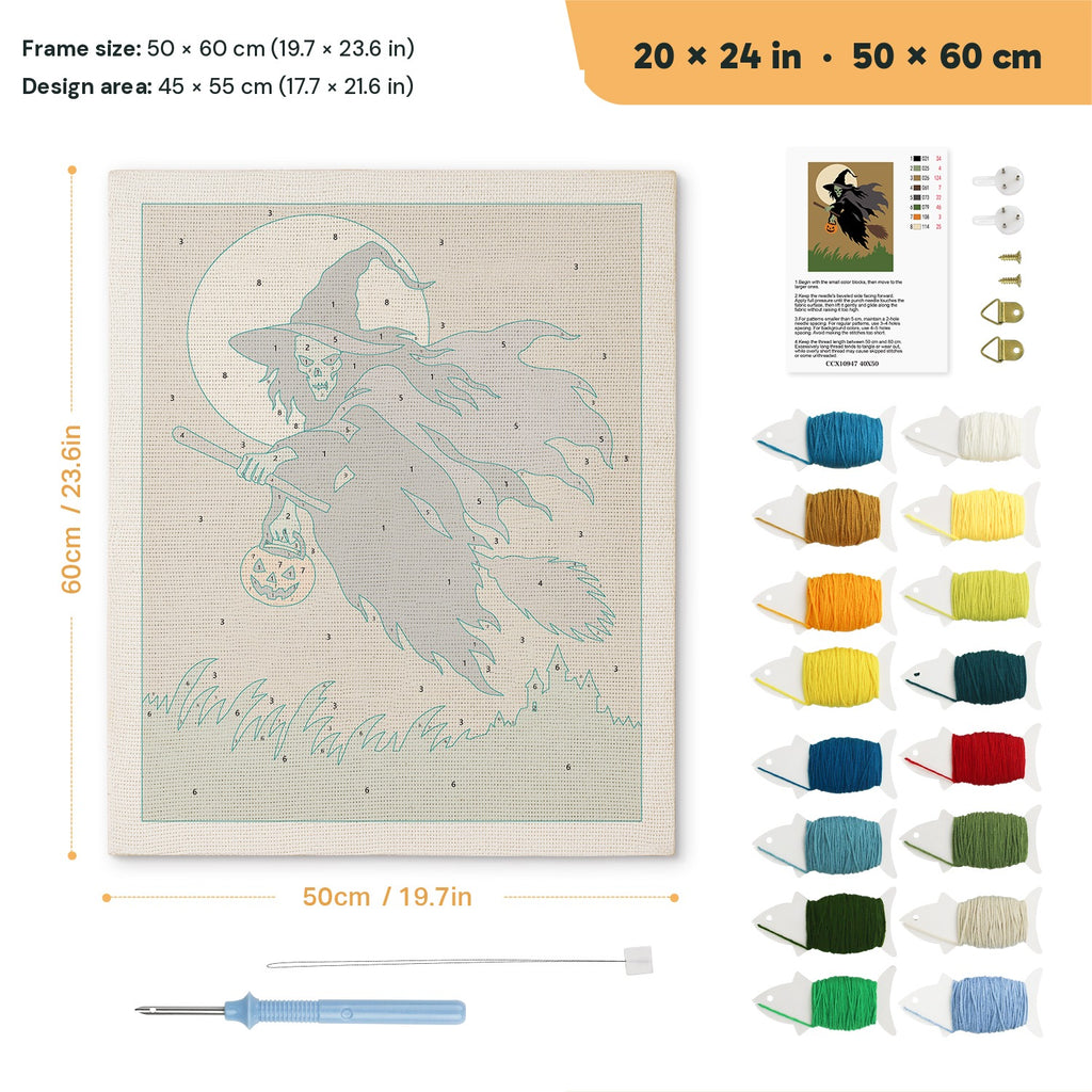 Green Witch in Flight punch needle kit, 20 × 24 in (50 × 60 cm): canvas size and kit contents