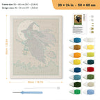 Green Witch in Flight punch needle kit, 20 × 24 in (50 × 60 cm): canvas size and kit contents