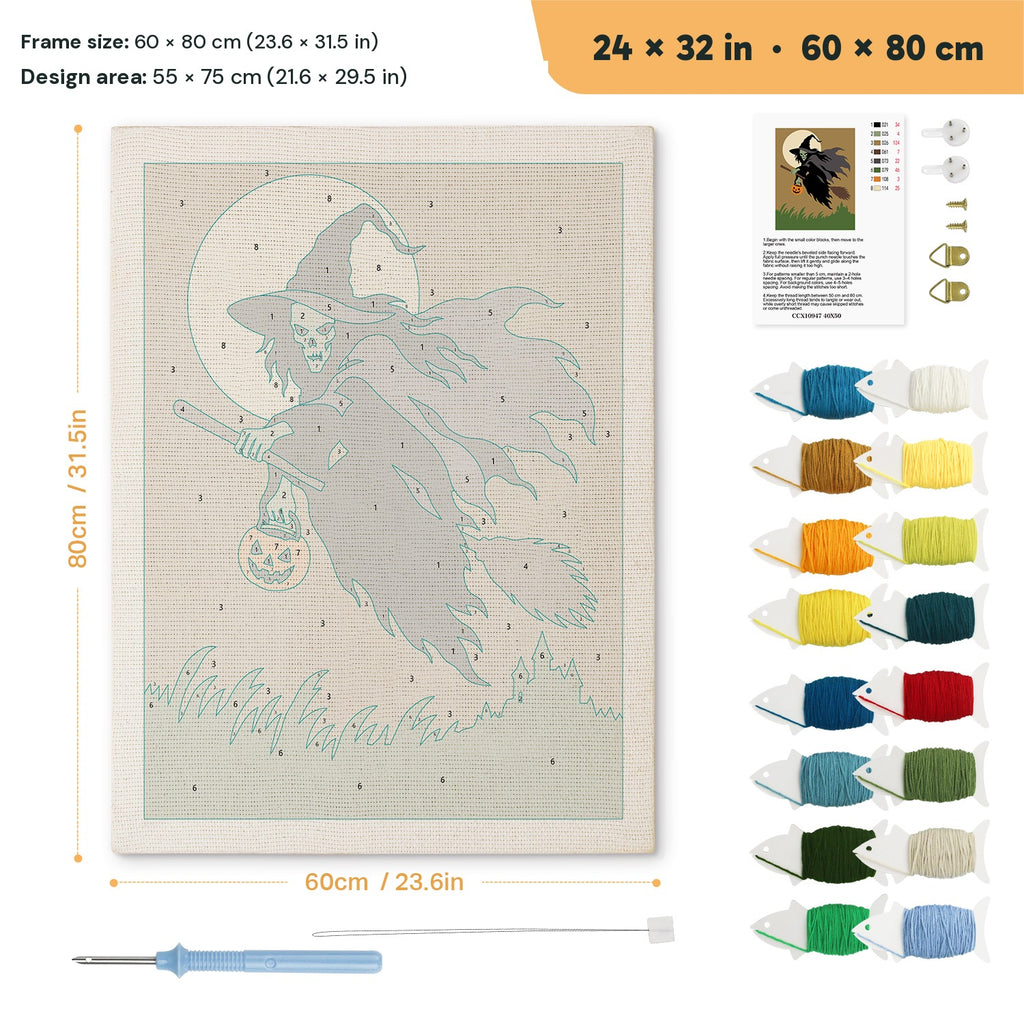 Green Witch in Flight punch needle kit, 24 × 32 in (60 × 80 cm): canvas size and kit contents