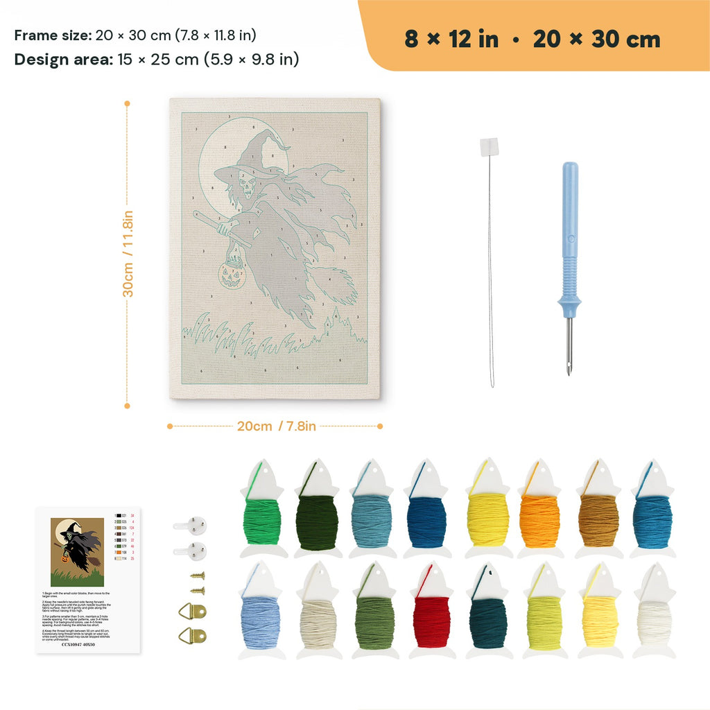 Green Witch in Flight punch needle kit, 8 × 12 in (20 × 30 cm): canvas size and kit contents