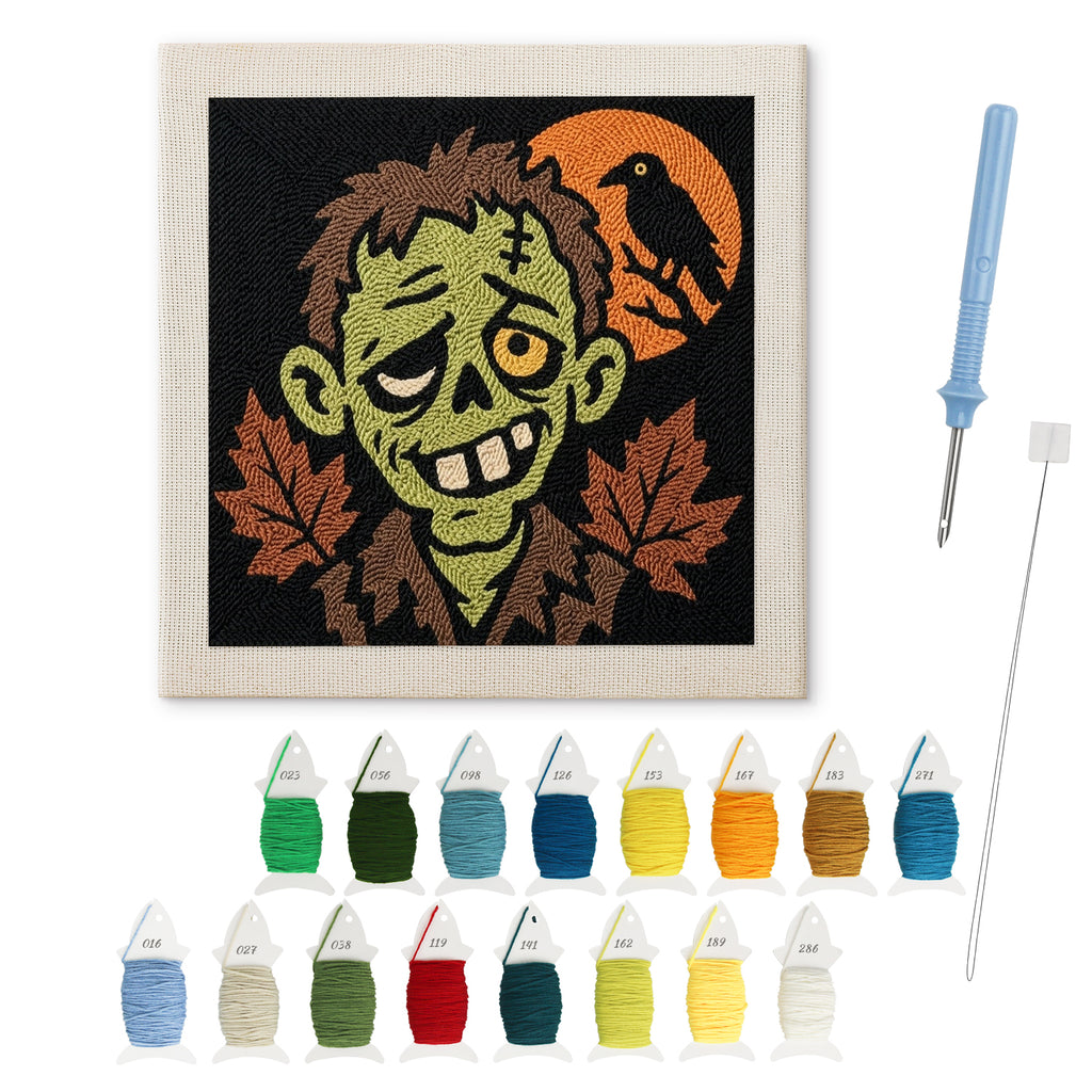 Grinning Zombie punch needle kit: finished canvas with threads, punch needle and threader