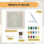 What is in the Grinning Zombie kit: printed canvas, punch needle, threader, threads, color guide and hangers