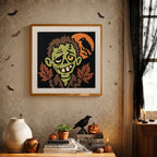Finished Grinning Zombie punch needle canvas on a wall