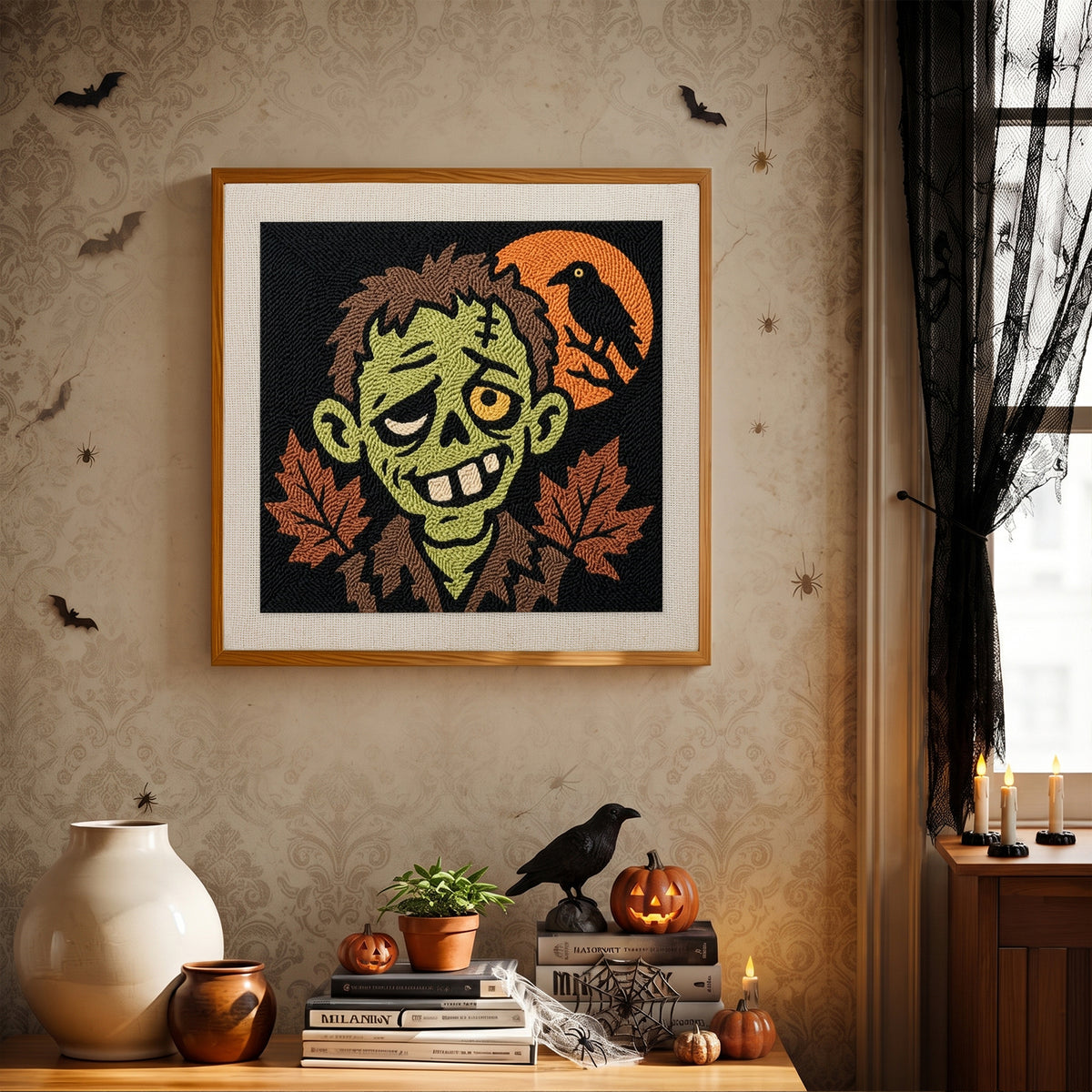 Finished Grinning Zombie punch needle canvas on a wall