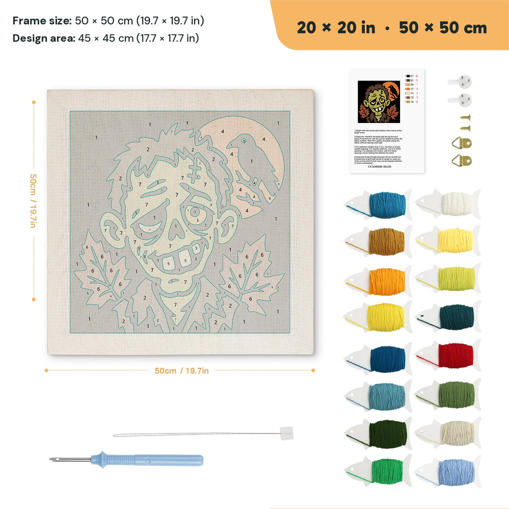 Grinning Zombie punch needle kit, 20 × 20 in (50 × 50 cm): canvas size and kit contents