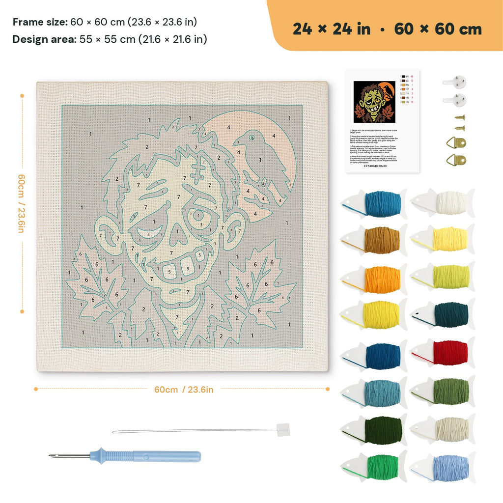Grinning Zombie punch needle kit, 24 × 24 in (60 × 60 cm): canvas size and kit contents