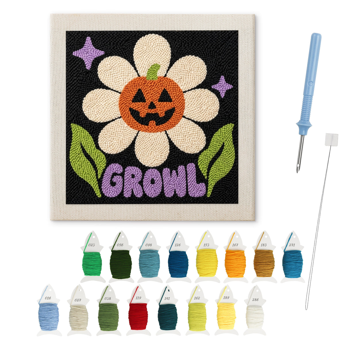 Growl Pumpkin Daisy punch needle kit: finished canvas with threads, punch needle and threader