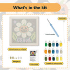 What is in the Growl Pumpkin Daisy kit: printed canvas, punch needle, threader, threads, color guide and hangers