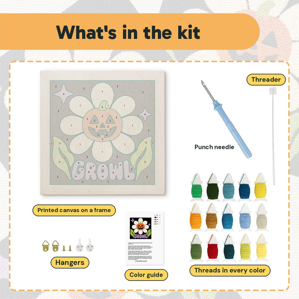What is in the Growl Pumpkin Daisy kit: printed canvas, punch needle, threader, threads, color guide and hangers