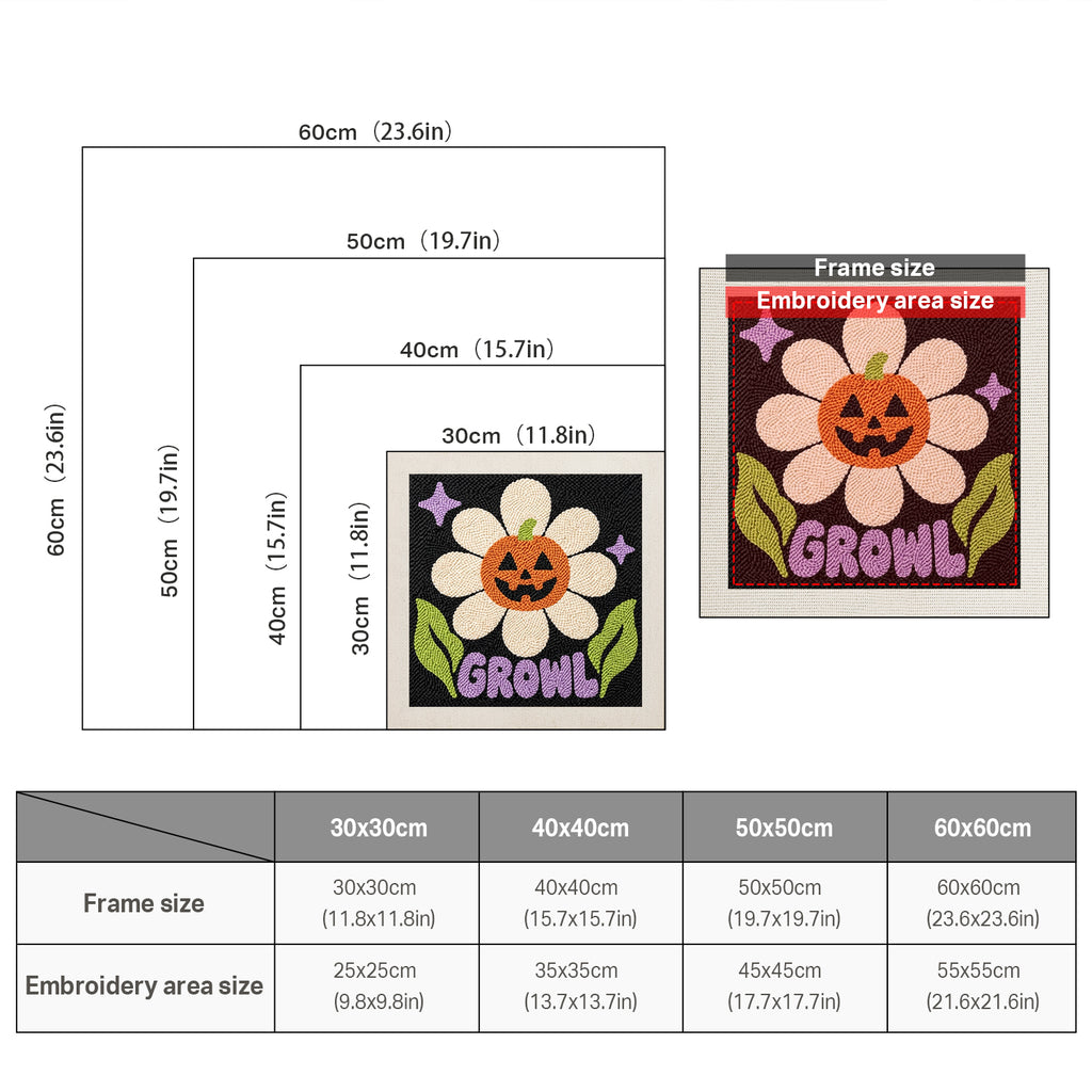 Size chart for square punch needle kits from 30 x 30 cm to 60 x 60 cm