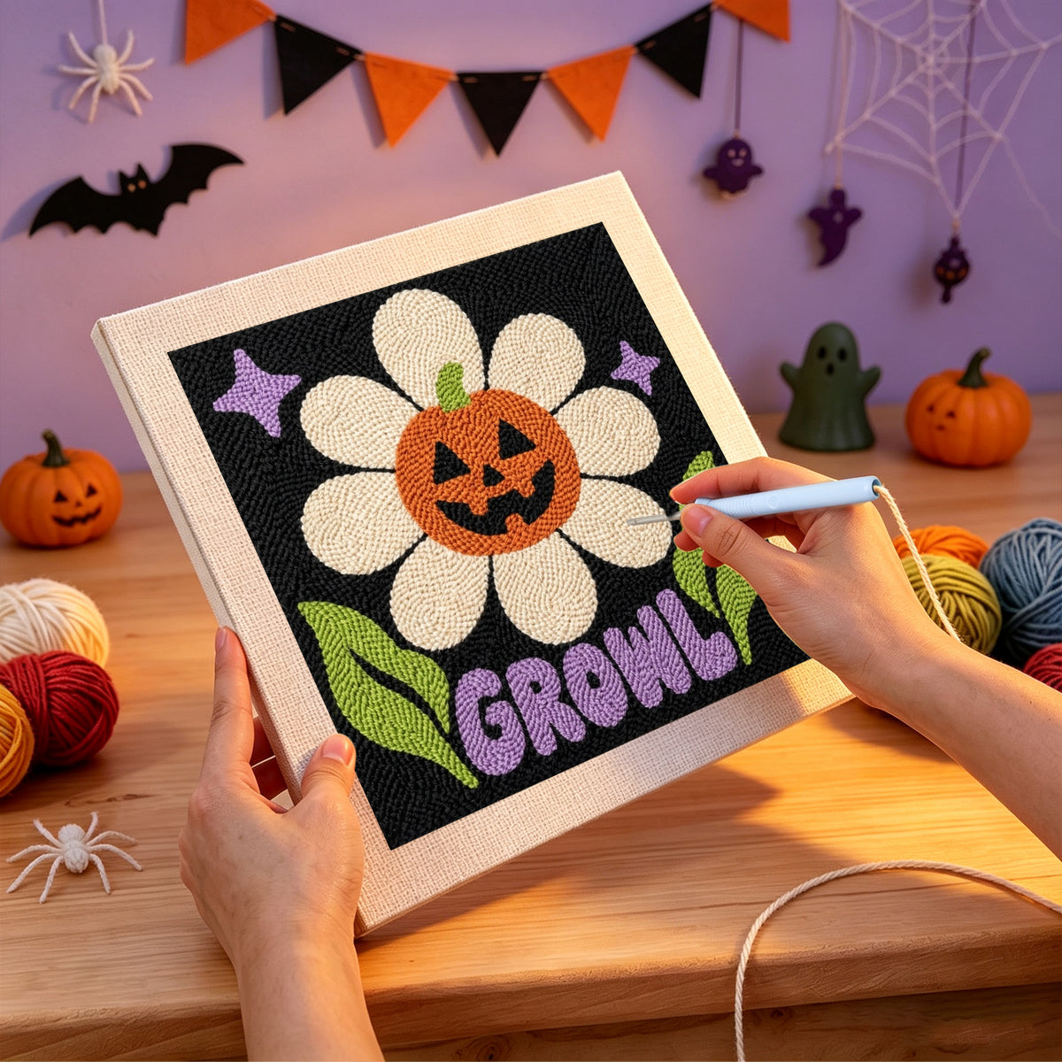 Punching the Growl Pumpkin Daisy design with the punch needle