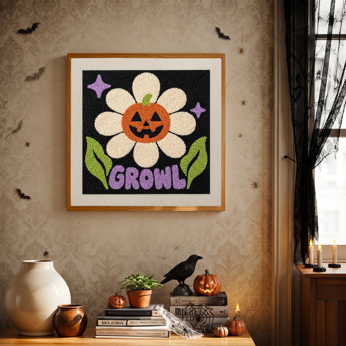 Finished Growl Pumpkin Daisy punch needle canvas on a wall