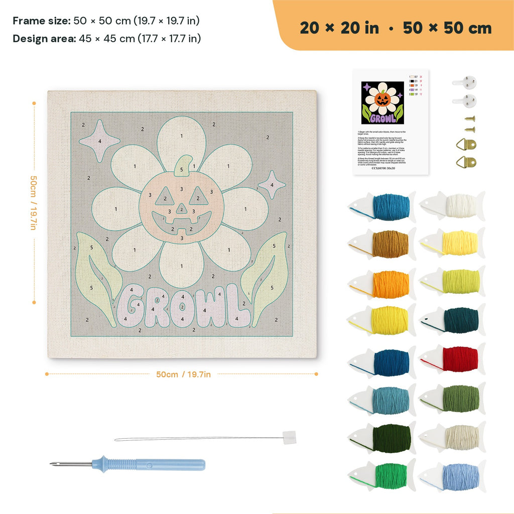 Growl Pumpkin Daisy punch needle kit, 20 × 20 in (50 × 50 cm): canvas size and kit contents