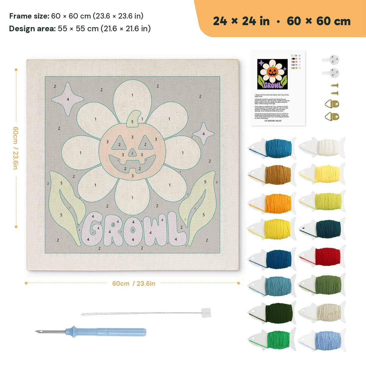 Growl Pumpkin Daisy punch needle kit, 24 × 24 in (60 × 60 cm): canvas size and kit contents