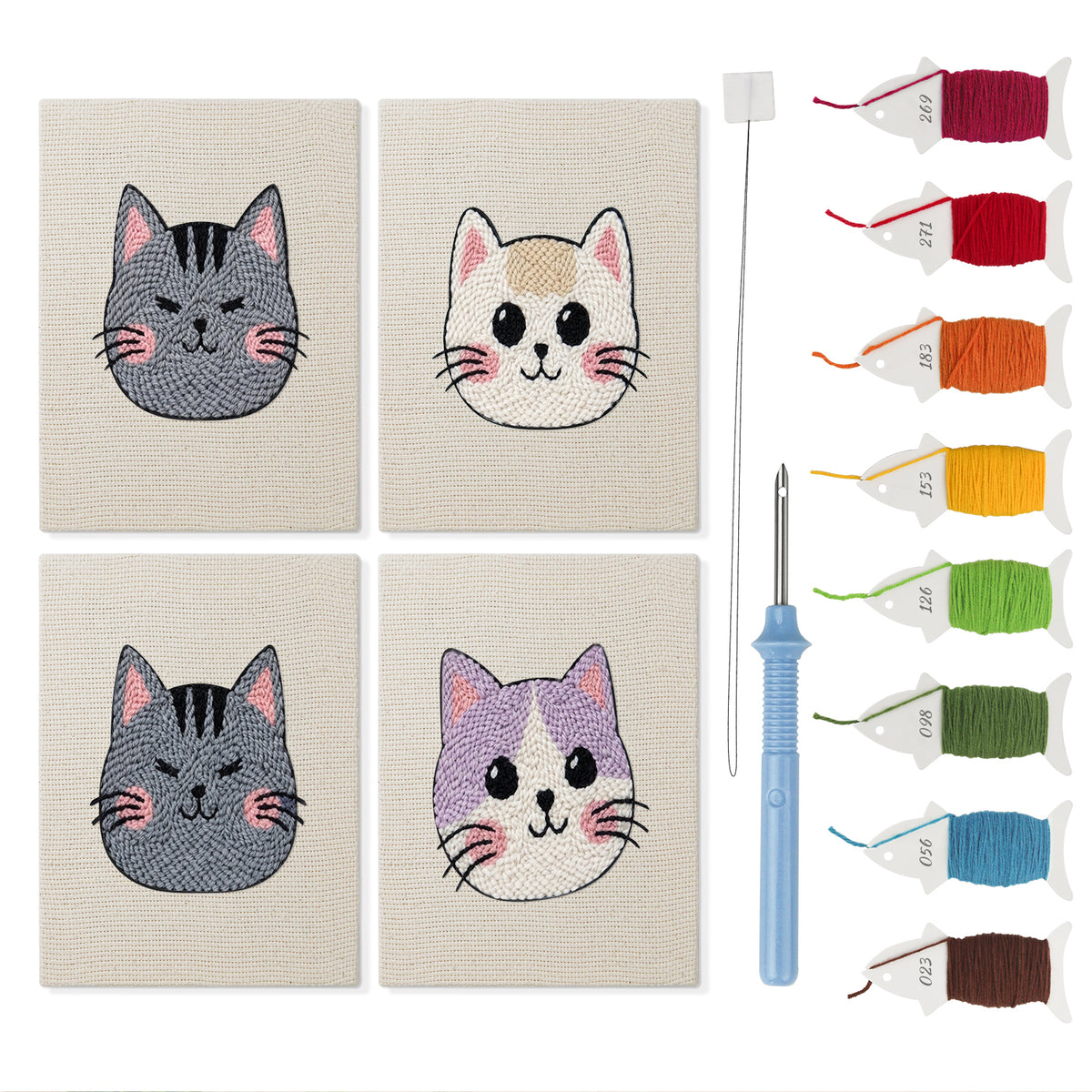 Grumpy Cat Faces mini punch needle kit set: four finished canvases with threads, punch needle and threader