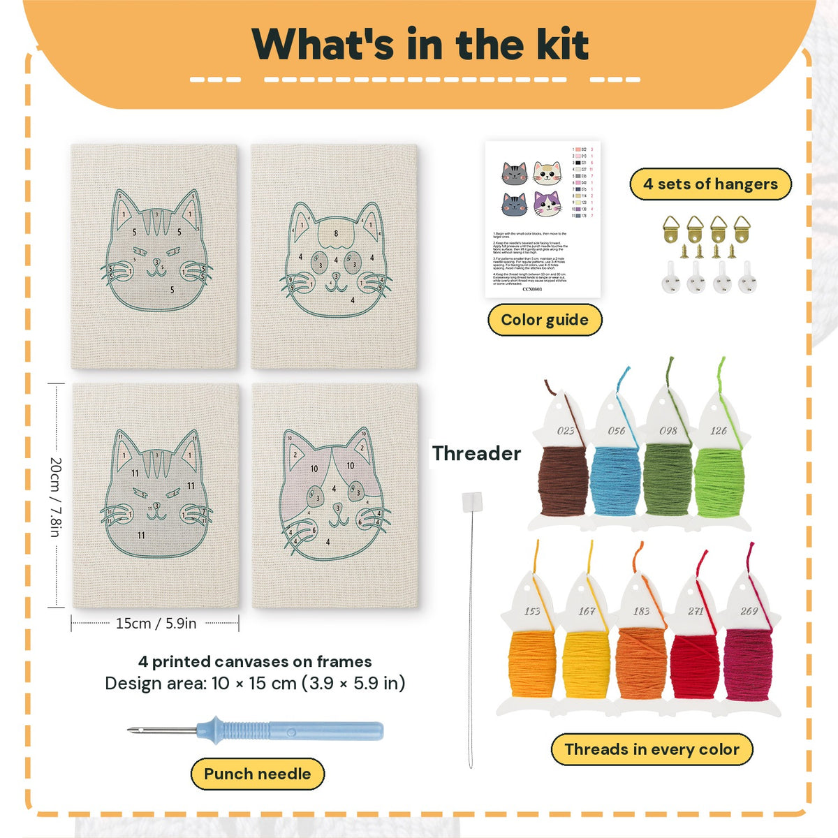 What is in the Grumpy Cat Faces set: 4 printed canvases, punch needle, threader, threads, color guide and 4 sets of hangers (6 × 8 in (15 × 20 cm) each)